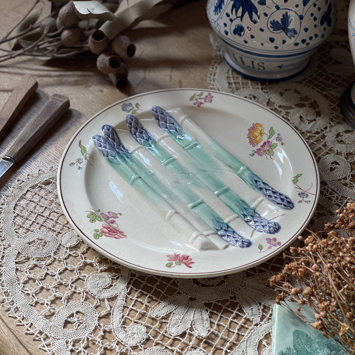 イギリスアンティーク アスパラガスプレート ブルー＆ホワイト イギリスアンティーク アスパラガスプレート ブルー＆ホワイト