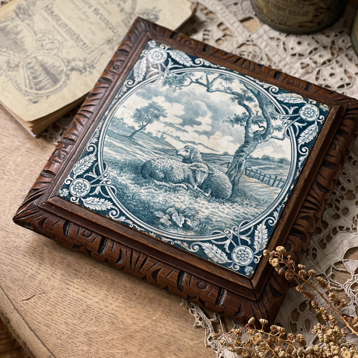 フランス アンティーク トリベット（鍋敷） クローバー 牧歌的な風景が描かれたトリベット（鍋敷）27x27cm フランス