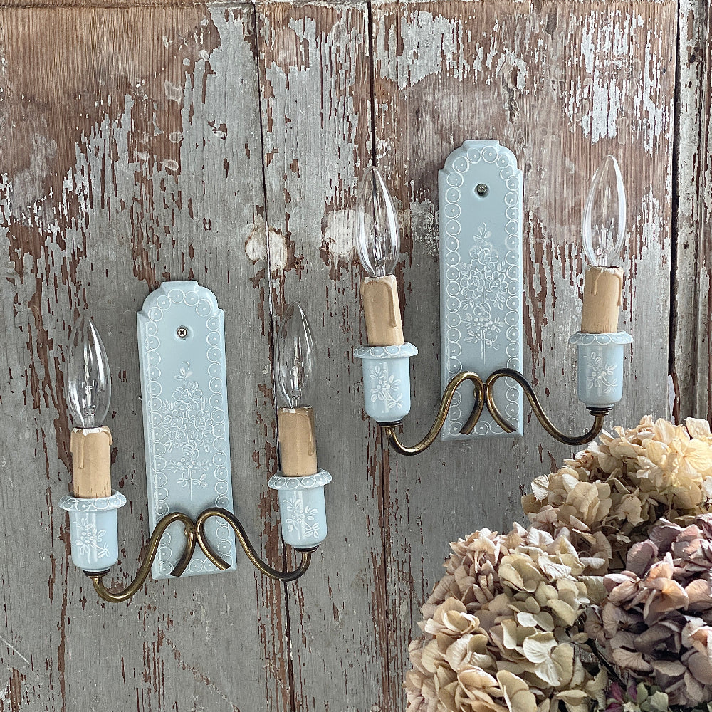 ブルーが可愛いパリ窯2灯ペアブラケット（壁付け照明） フランス