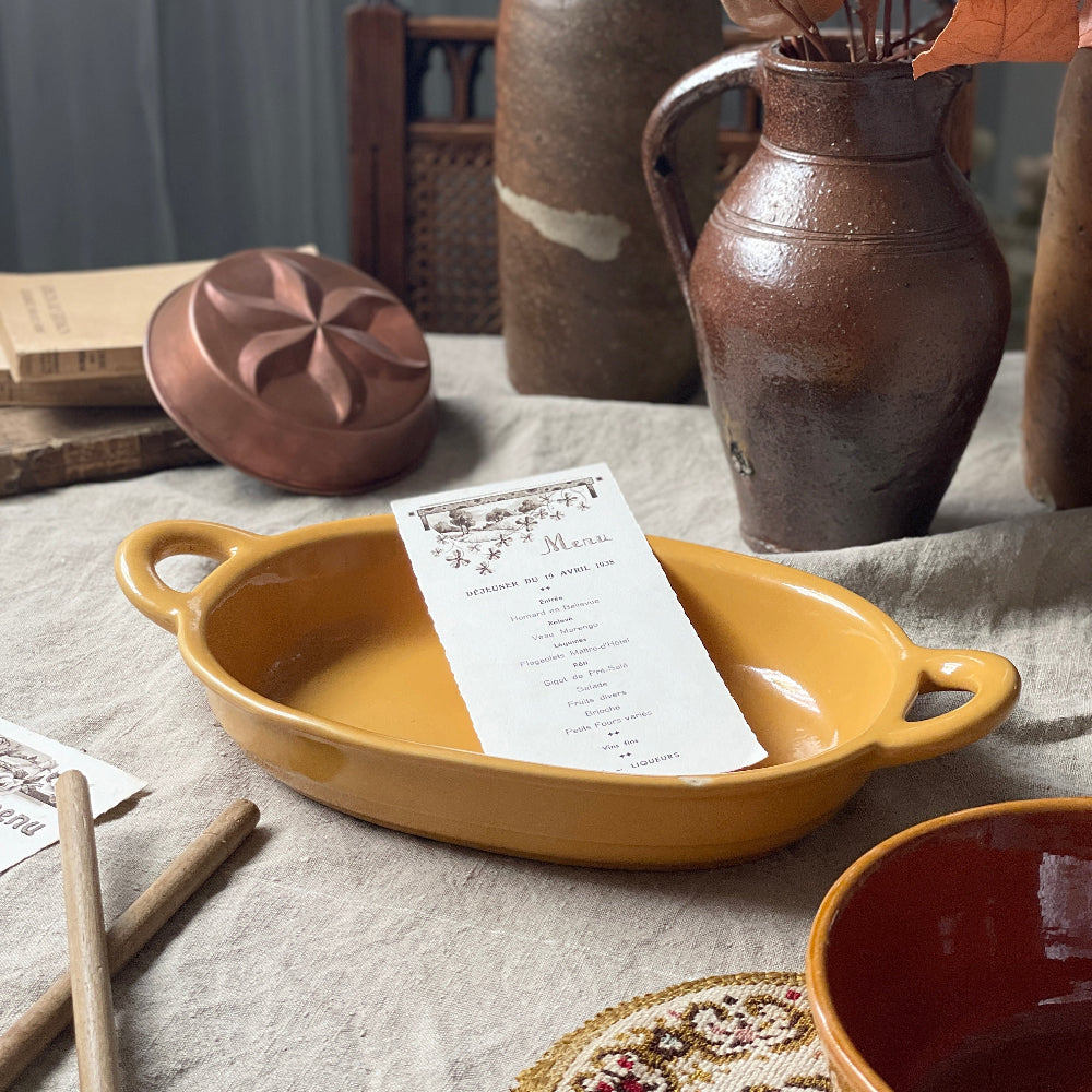 ハンドル付きオーバル型オーブン皿（33x19.5cm） フランスアンティーク