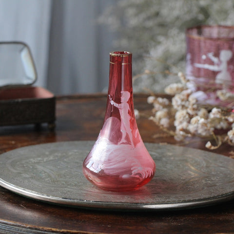 クランベリーガラスのハンドペイント花瓶（高さ11.5cm）　イギリスアンティークガラス雑貨