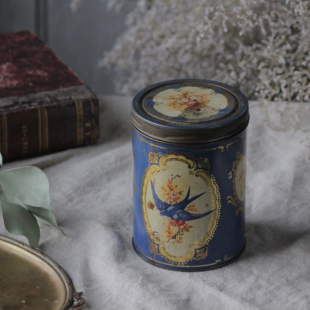 青い鳥の絵柄が可愛いTIN缶(高さ13.5cm） イギリスアンティーク雑貨 