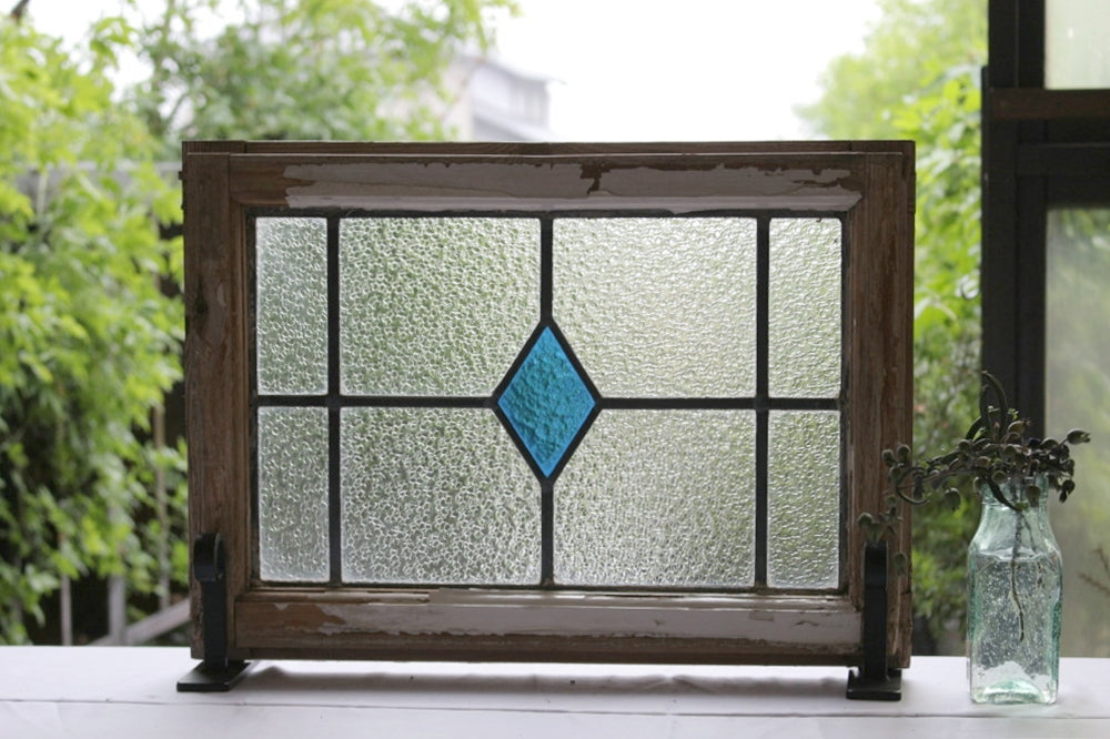青いダイヤ柄のステンドグラス イギリスアンティーク(住宅窓) 51.5cm