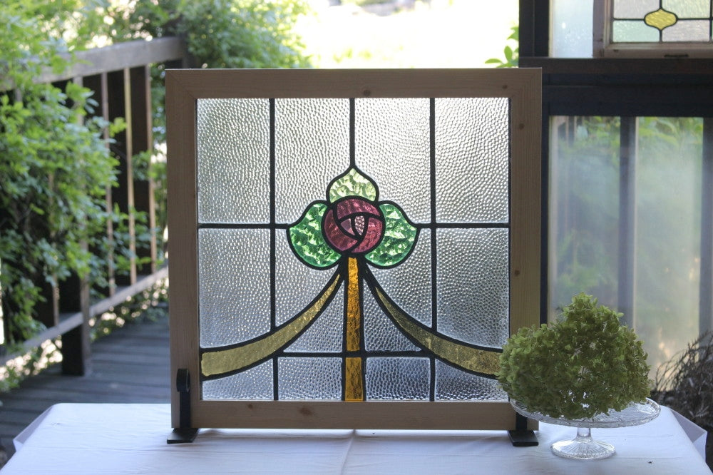 紫色のバラのステンドグラス イギリスアンティーク(住宅窓) 55cm×53.5 