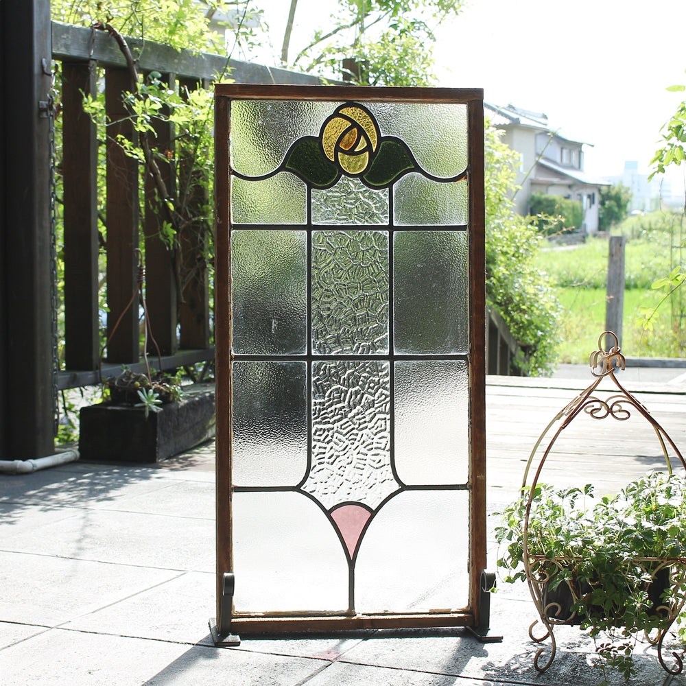黄色いバラの大きなステンドグラス イギリスアンティーク 40.5cm×81cm 