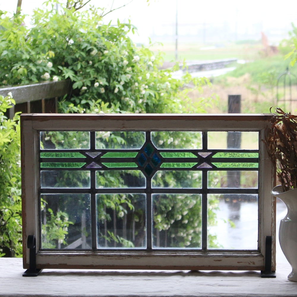 2枚あり！クリアガラスにダイヤ柄のステンドグラス イギリス