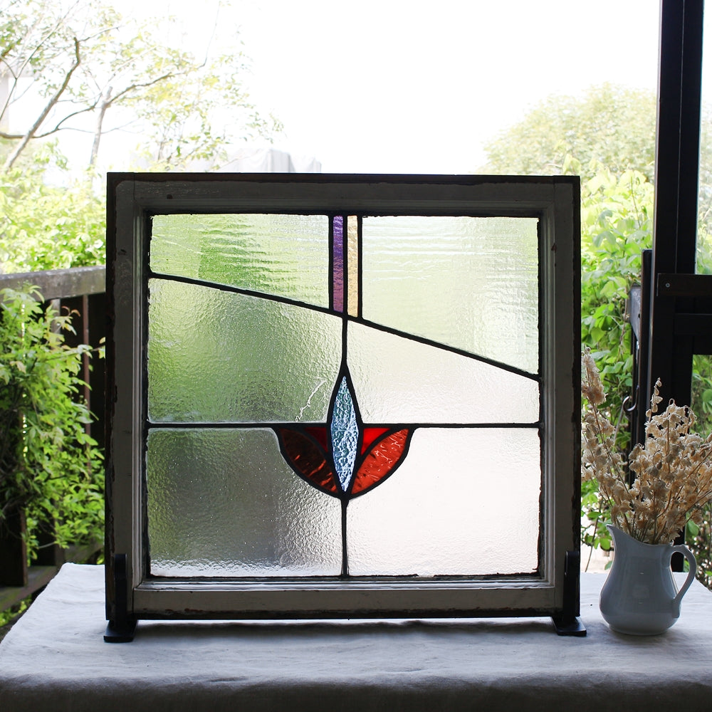 赤茶色の花のステンドグラス イギリスアンティーク 61.5cm×57.5