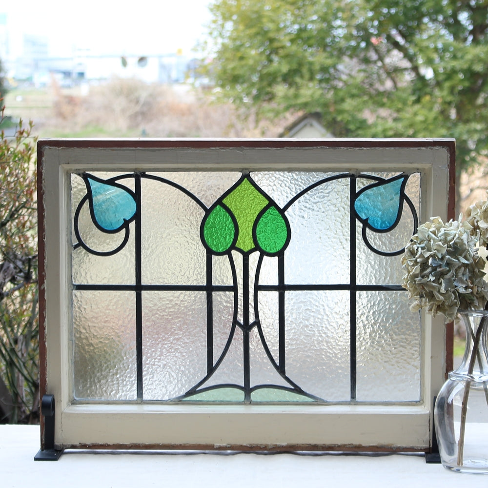 2枚あり！青と緑の葉模様のステンドグラス イギリスアンティーク 66.5