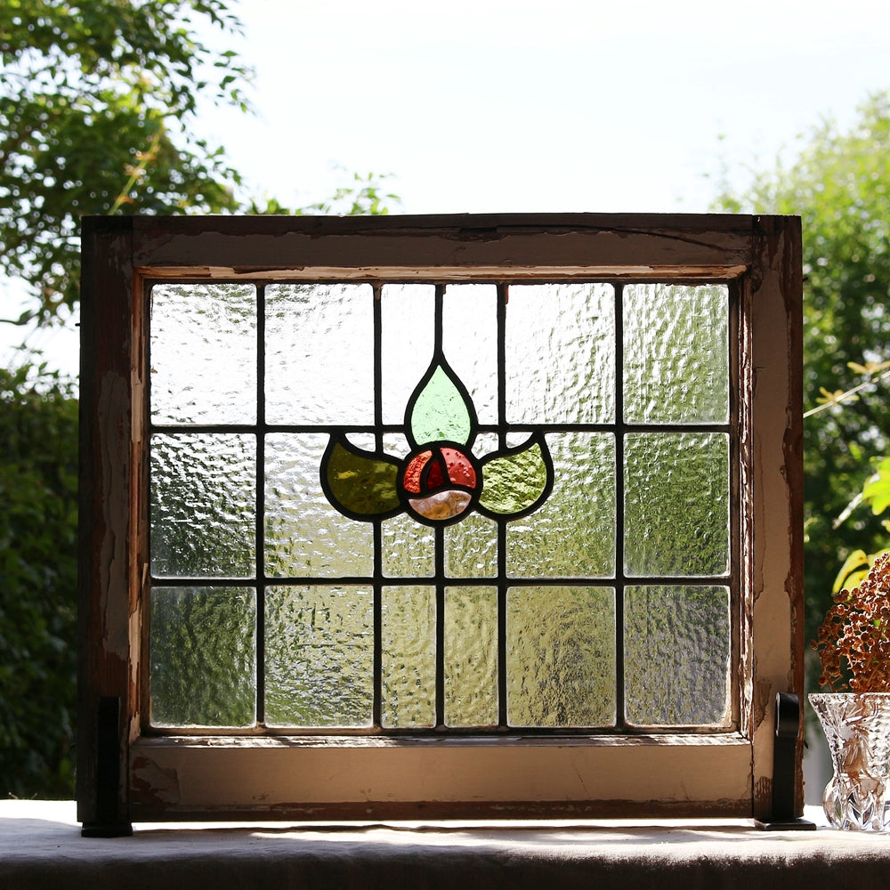 バラと格子模様のステンドグラス イギリスアンティーク 54.5cm×46cm