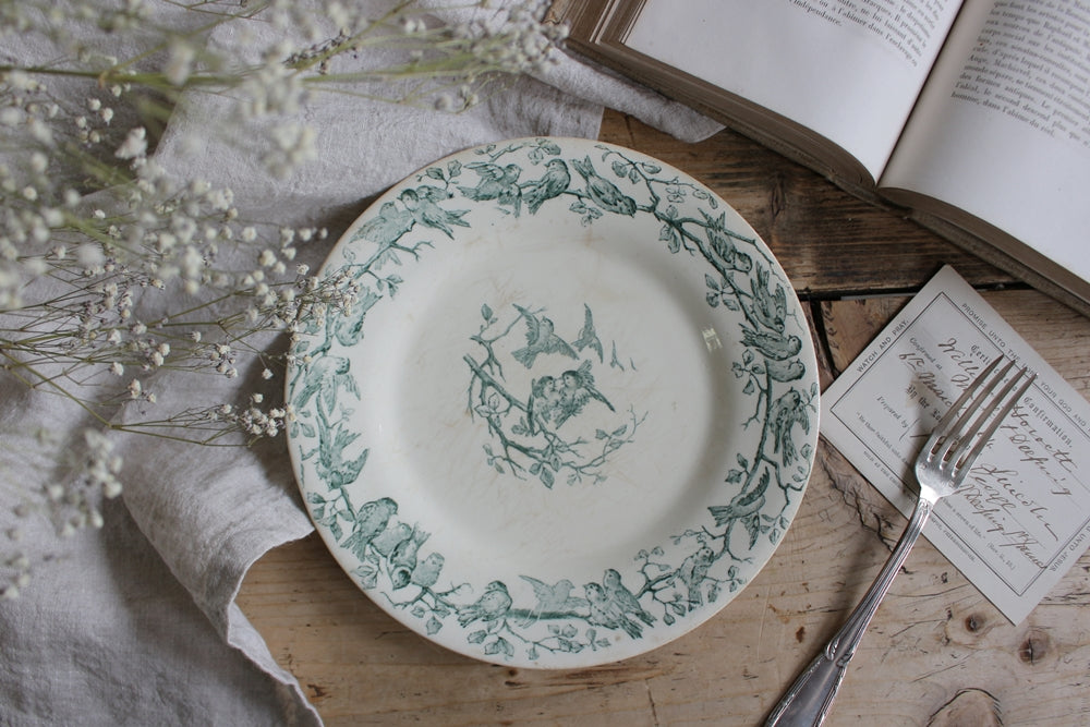 レア！フランスアンティーク水色黒い小鳥とお花手描きのホーローイリゲーター レア！フランスアンティーク水色黒い小鳥とお花手描きのホーロー