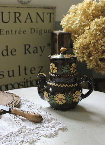 南仏　花柄のコーヒーポット　素朴な陶器　雑貨　フランスアンティーク