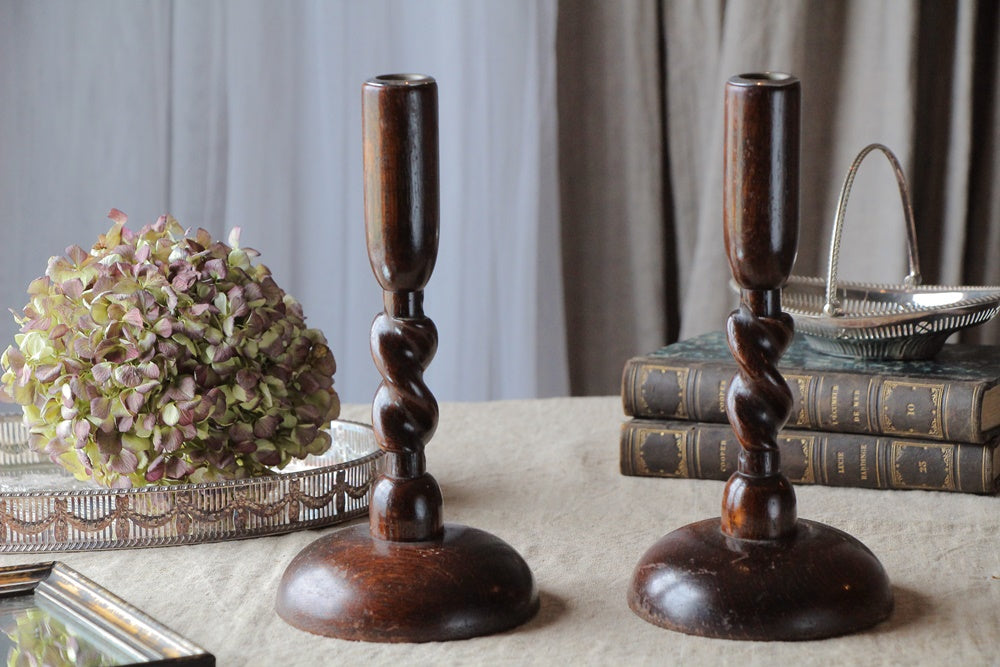 オーク材ツイストペアキャンドルスタンド イギリスアンティーク