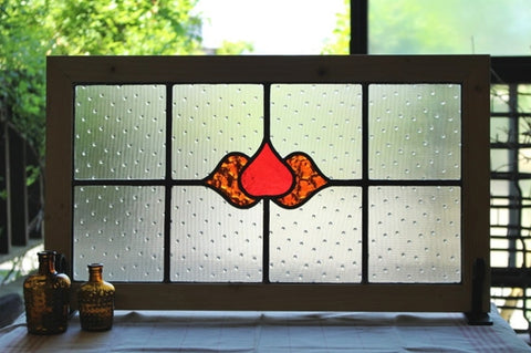 2枚あり！水玉模様のガラスに赤とオレンジの花のステンドグラス イギリスアンティーク(住宅窓) 71cm×41cm