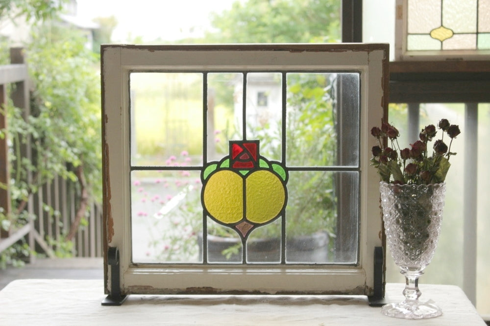 カラフルなバラ模様のステンドグラス イギリスアンティーク(住宅窓