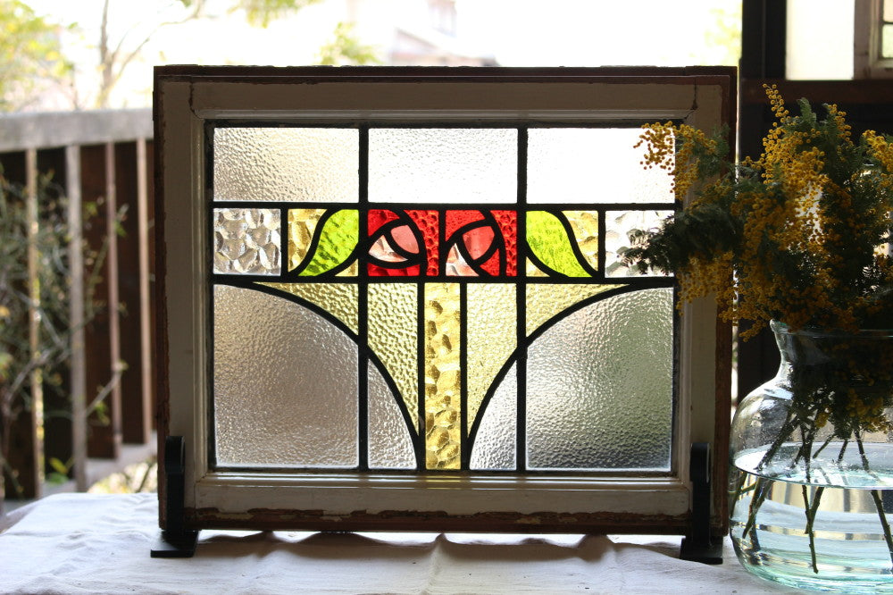 四角い二つのバラが並んだステンドグラス イギリスアンティーク(住宅窓