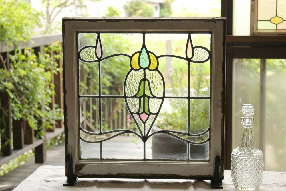 2枚あり！透明ガラス 花模様のステンドグラス イギリスアンティーク