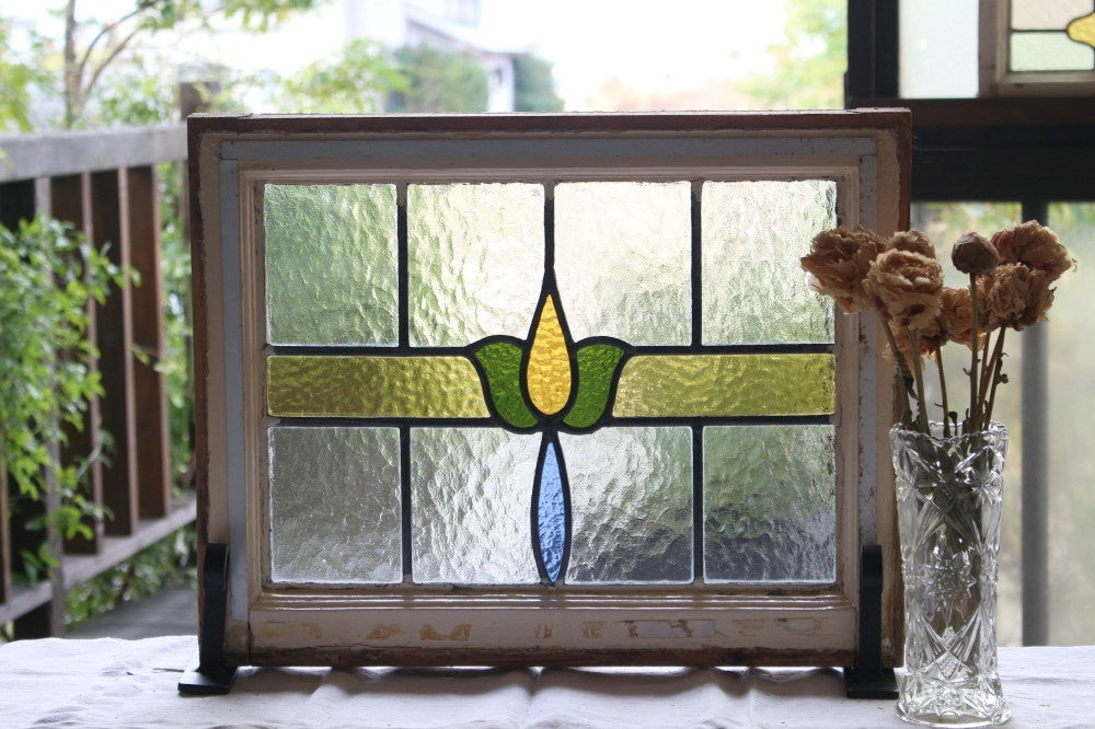 黄色と緑の花模様のステンドグラス イギリスアンティーク（住宅窓
