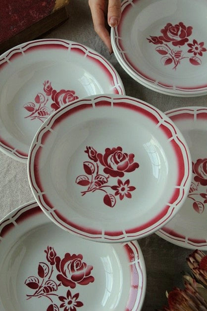 複数枚あり！バドンヴィレー窯赤いバラのステンシルスープ皿