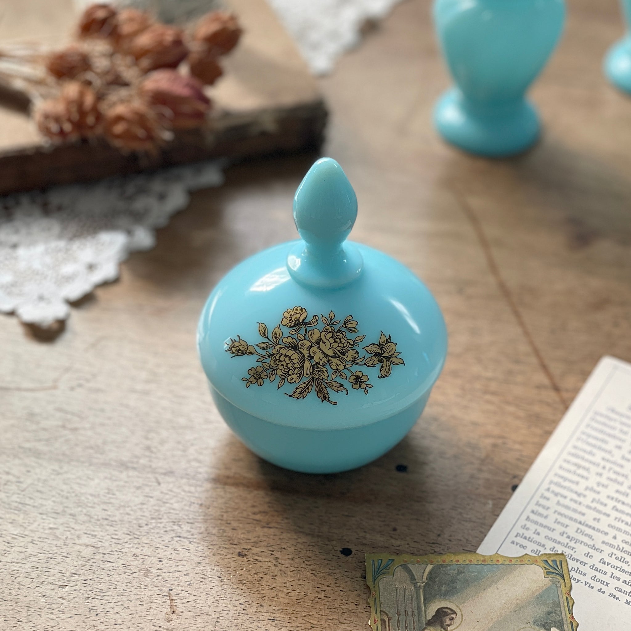 フランスアンティーク オパリンガラス ボンボニエール 蓋付き 容器 花器 フランスアンティーク オパリンガラス ボンボニエール 蓋付き 容器