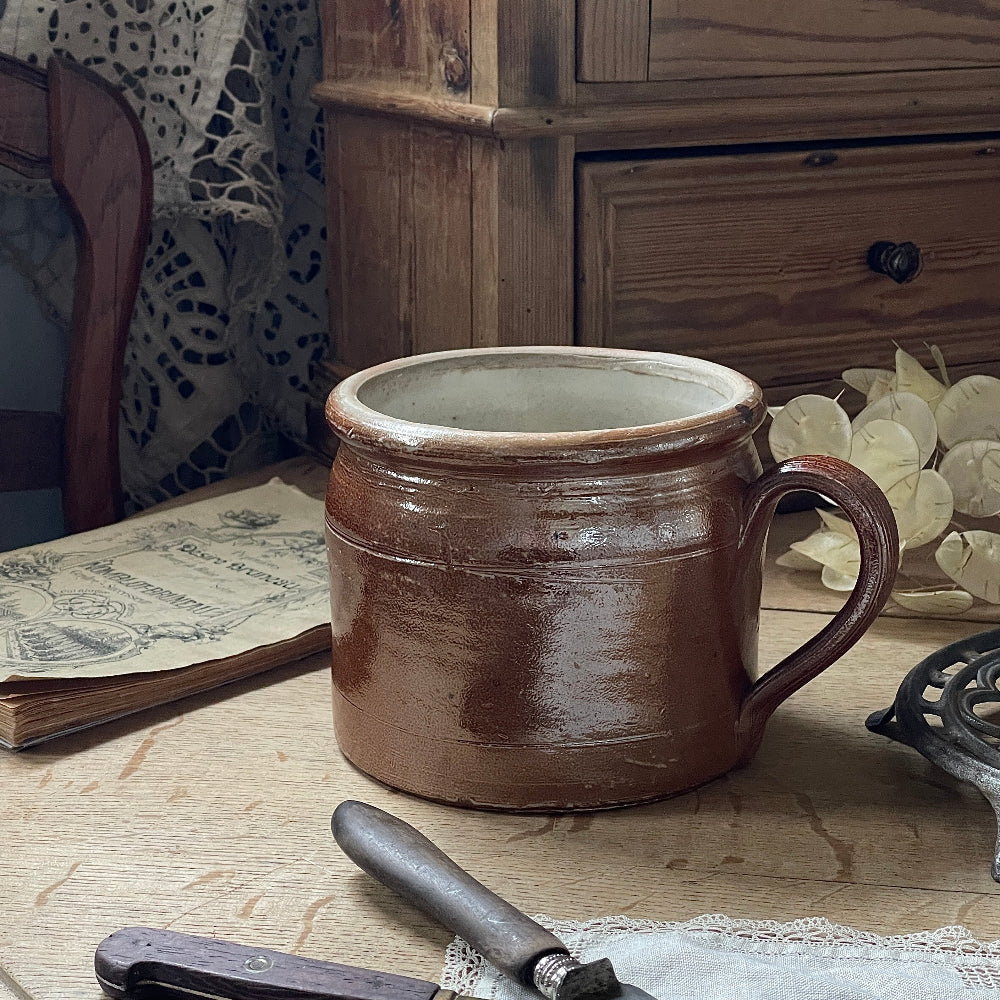 ハンドル付きブラウンポット（高さ12cm）ft241545　フランスアンティーク