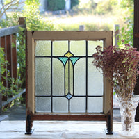 水色と黄色のガラスの脚付きステンドグラス　イギリスアンティーク　48cm×55cm