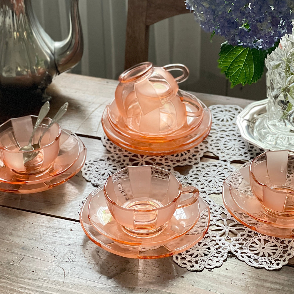 ５点あり！ パイナップル模様のピーチガラスのトリオC＆S　イギリスアンティーク