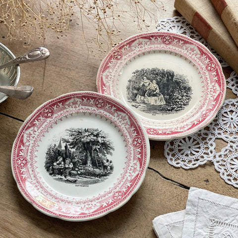 2枚あり！ディゴワンサルグミンヌ窯のグリザイユ（直径19.5cm）ピンク　フランスアンティーク