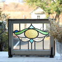 曲線デザインでクリアガラスのステンドグラス　イギリスアンティーク　48cm×38cm