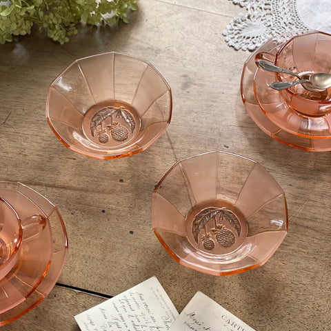 2個あり！パイナップル模様のピーチガラスボウル（直径13.5cm）　イギリスアンティーク