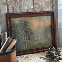 湖畔に建つ教会が描かれたオーク材フレーム（61x49cm）　フランスアンティーク