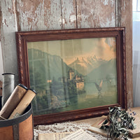 湖畔に建つ古城が描かれたオーク材フレーム（60.5x48.5cm）　フランスアンティーク