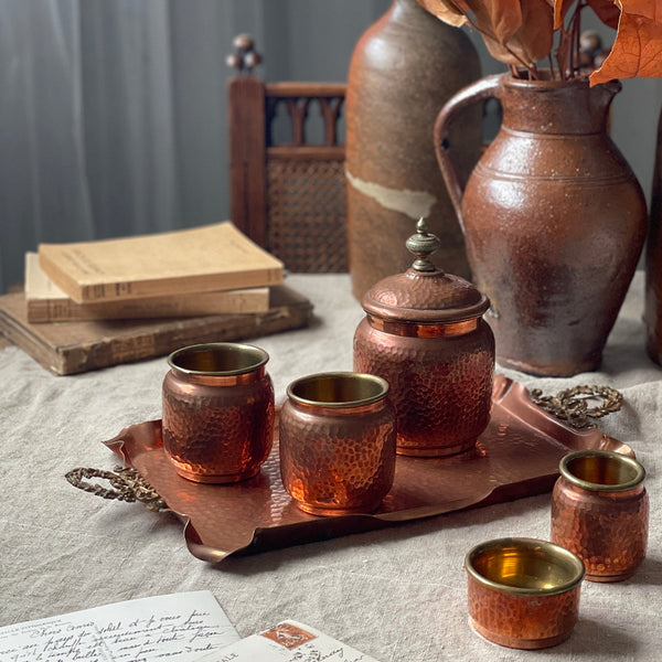 トレー付きコッパー（銅）ポット6点セット フランスアンティーク