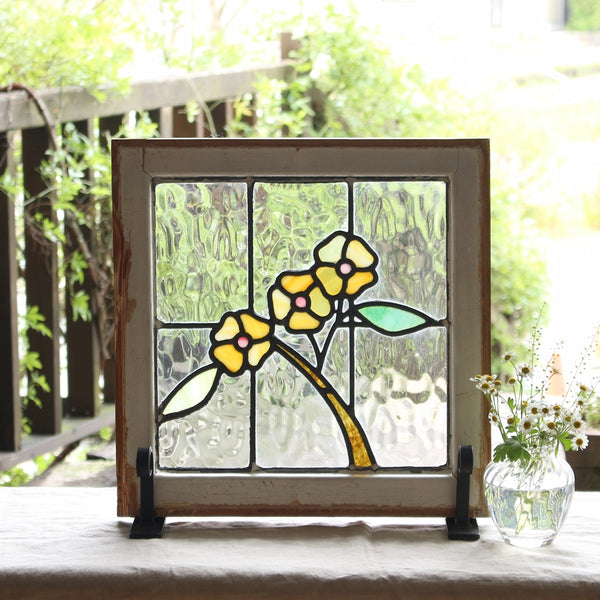 オパリンガラスの花模様のステンドグラス イギリスアンティーク 