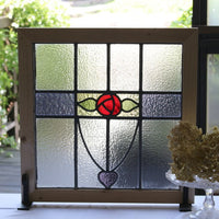 赤いバラとハートのステンドグラス　イギリスアンティーク(住宅窓)　54cm×54.5cm