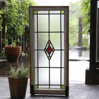 2枚あり！大きいサイズのダイヤ柄ステンドグラス　イギリスアンティーク　42.5cm×96.5cm