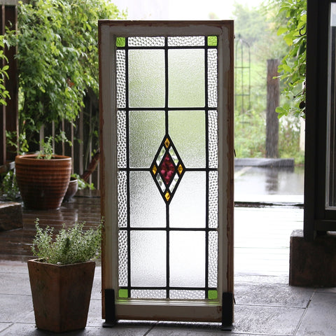 2枚あり！大きいサイズのダイヤ柄ステンドグラス　イギリスアンティーク　42.5cm×96.5cm