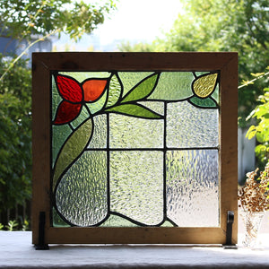 赤と黄色の花のステンドグラス イギリスアンティーク 57cm×53.5cm