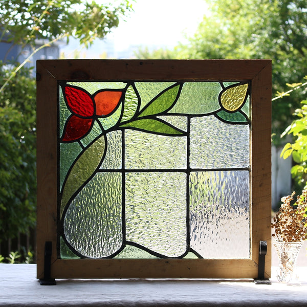 赤と黄色の花のステンドグラス イギリスアンティーク 57cm×53.5cm