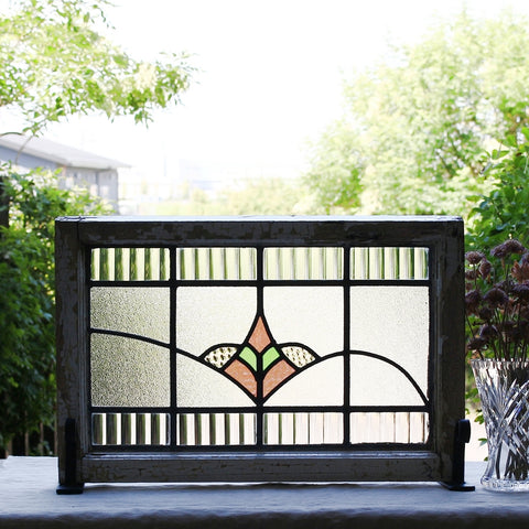 ２枚あり! なみと幾何学模様のステンドグラス　イギリスアンティーク　58.5cm×38.5cm