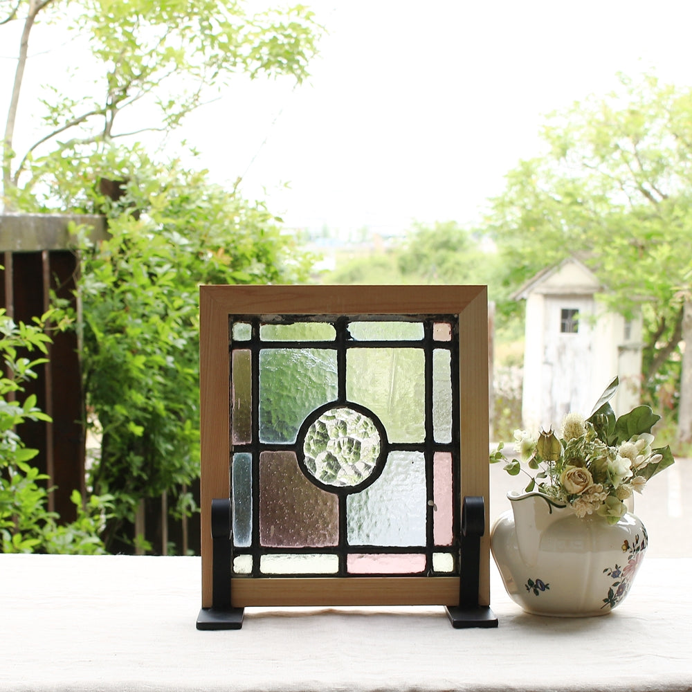 4枚あり!　格子模様のステンドグラス　イギリスアンティーク　25cm×28cm　