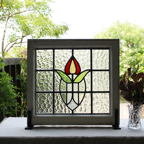 夢の国へ向かう月のボート ヴィンテージ ステンドグラス ヒュー・ウィリアムズ 5 枚あり! 赤と黄色の花のステンドグラス イギリスアンティーク