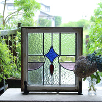 青いダイヤ柄のステンドグラス　イギリスアンティーク　46.5cm×50.5cm