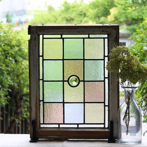 大きなステンドグラス❁ヴィンテージ アンティーク ステンドグラス / 幾何学模様 – チェルシーオールド