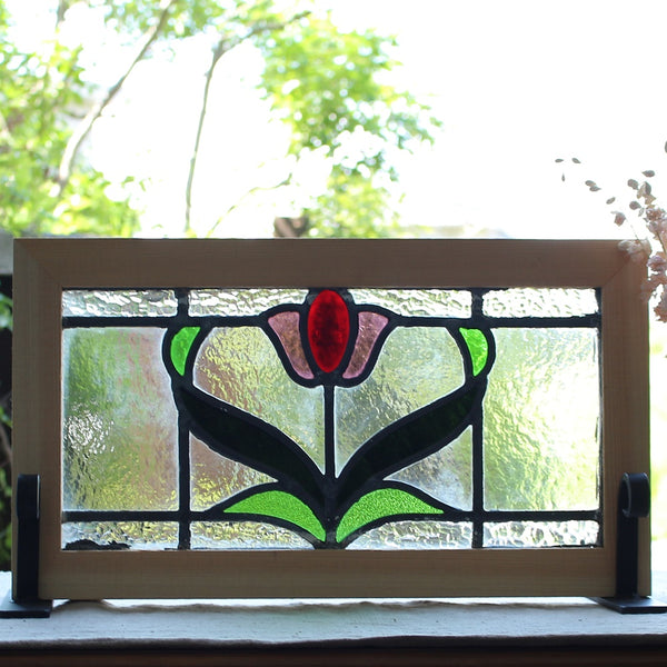 赤とピンクのチューリップのステンドグラス イギリスアンティーク 49.5