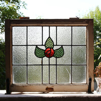 赤いバラと格子模様のステンドグラス　イギリスアンティーク　57cm×48cm