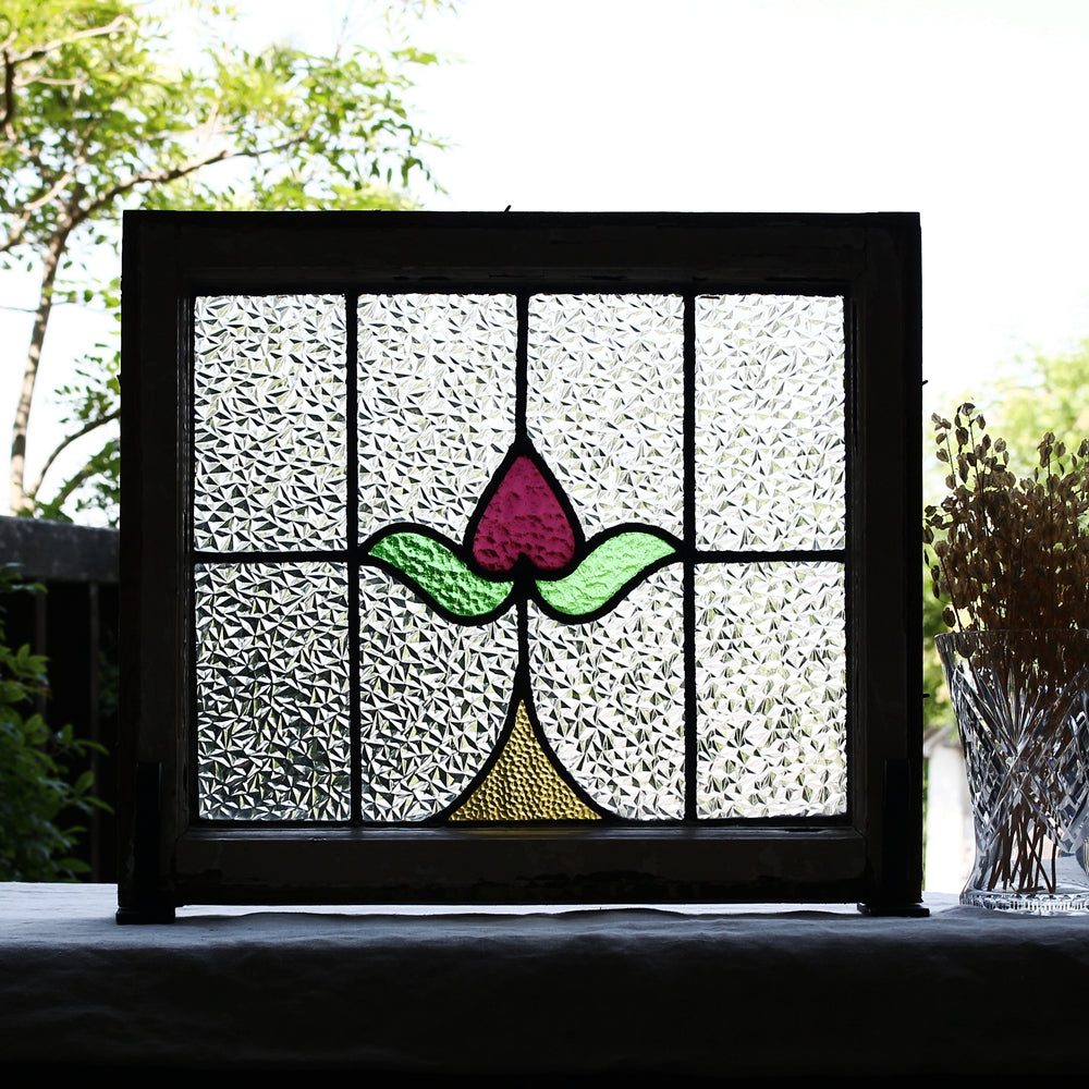 2枚あり! 格子模様と花のステンドグラス　イギリスアンティーク　53cm×46cm