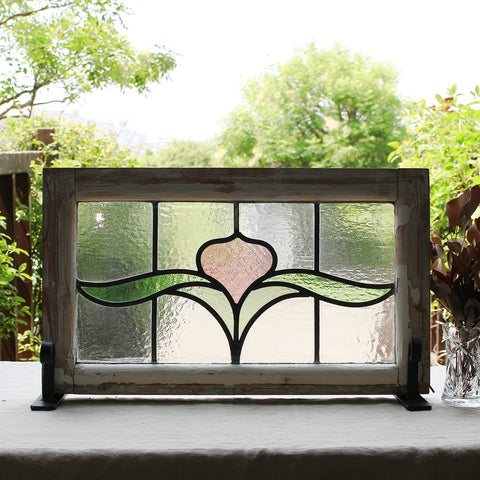 2枚あり! ピンクの花のステンドグラス　イギリスアンティーク　59.5cm×35cm