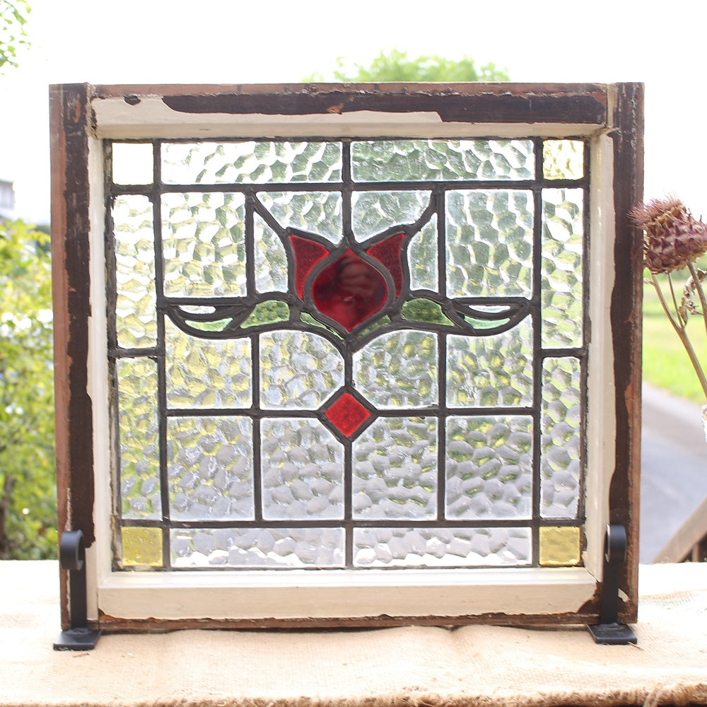 赤い花のステンドグラス イギリスアンティーク 53.5cm×49.5cm