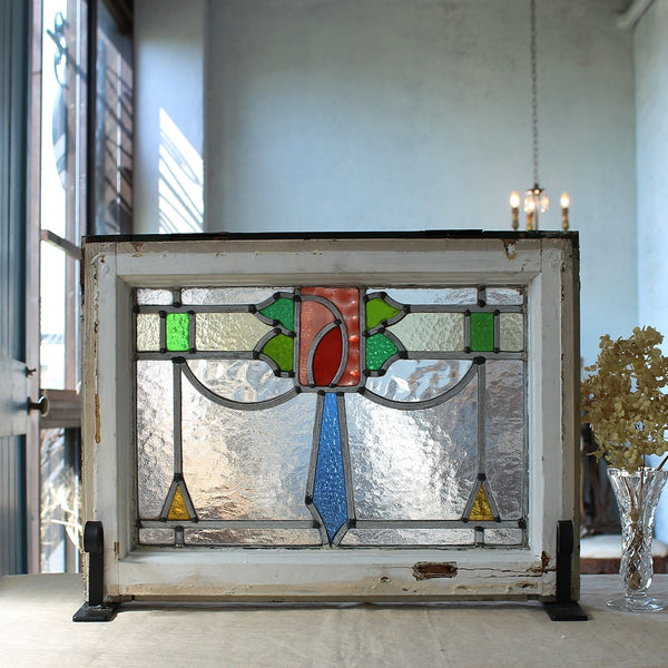 2枚あり！赤い花のステンドグラス イギリスアンティーク 55cm×41cm