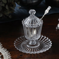 皿つき繊細なガラスのシュガー入れ（高さ13cm）　フランスアンティークガラス雑貨